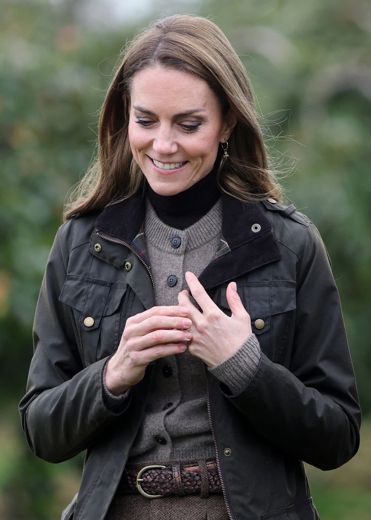 Catherine, Princess of Wales during a visit to Long Meadow Cider on October 14, 2025 in Craigavon, Northern Ireland. Long Meadow has been owned by the McKeever family for three generations and has been cultivating premium-quality apples since 1968. The Prince and Princess of Wales are visiting organisations providing creative and entrepreneurial opportunities for young people in rural areas of Northern Ireland. (Photo by Chris Jackson - Pool via Samir Hussein/WireImage)