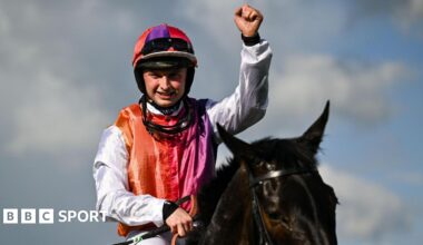 Sean Bowen celebrates onboard Haiti Couleurs after winning the BoyleSports Irish Grand National Chase on day three of the Fairyhouse Easter Festival at Fairyhouse Racecourse in Ratoath, Meath, in April 2025