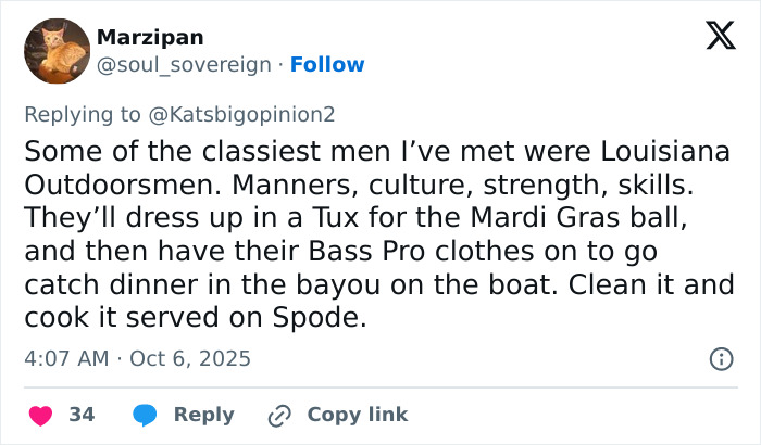 Tweet praising classier men like Lana Del Rey's husband, mentioning manners, culture, and strength of Louisiana outdoorsmen. Tweet praising classier men like Lana Del Rey's husband, mentioning manners, culture, and strength of Louisiana outdoorsmen.