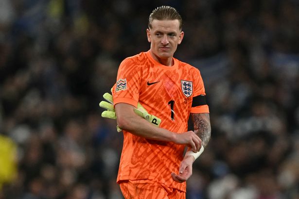 England's goalkeeper #01 Jordan Pickford reacts to their defeat on the pitch after the UEFA Nations League, League B - Group 2, football match between England and Greece at Wembley