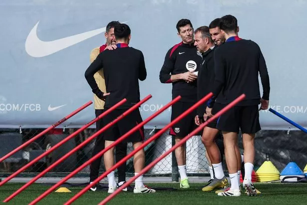 Robert Lewandowski and Hansi Flick, head coach during the training day of FC Barcelona ahead the Spanish League, La Liga EA Sports, football match against RCD Mallorca