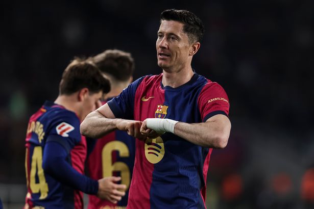 Robert Lewandowski of FC Barcelona celebrates a goal during the Spanish league, La Liga EA Sports, football match played between FC Barcelona and CA Osasuna at Estadi Olimpic Lluis Companys