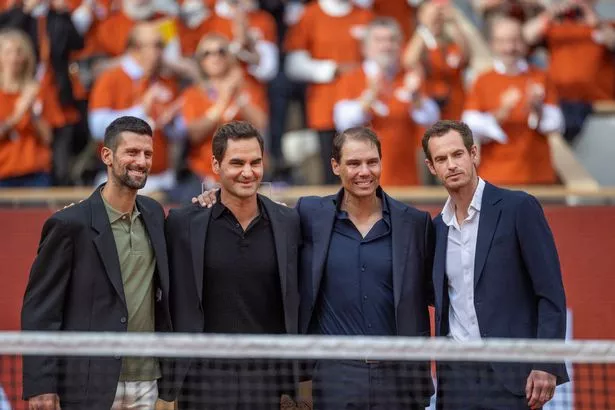 Rafael Nadal of Spain with Roger Federer, Novak Djokovic and Andy Murray during his presentation ceremony paying tribute to his career, on a packed Court Philippe-Chatrier during the 2025 French Open Tennis Tournament at Roland Garros on May 25th, 2025, in Paris, France.