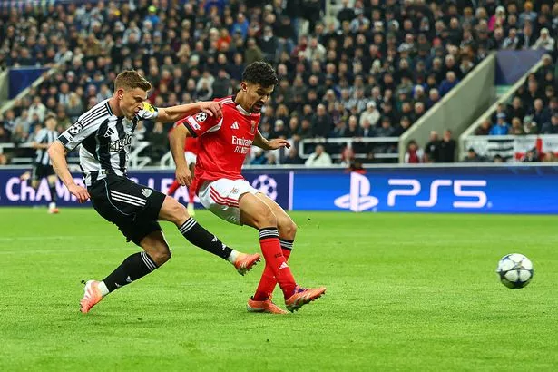 Harvey Barnes scores his side's second goal during the UEFA Champions League 2025/26 League Phase MD3 match between Newcastle United and  Benfica