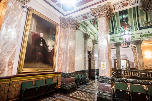 Birkenhead Town Hall, with a portrait of William Laird on display
