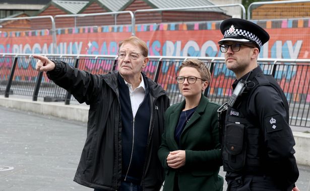 Leader of the council Bev Craig walks around Piccadilly Gardens to talk about the new plans. Bev chats to City centre spokesperson Cllr Pat Karney and Chief Superintendent David Meeney (district commander for the City of Manchester)
