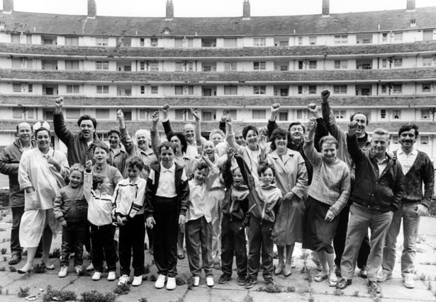 11 families of Gerard Gardens celebrate a victory over Liverpool City Council. A judge kicked out the council's application to throw out the families and flatten the homes, where some of them have lived since before the war. August 7, 1986