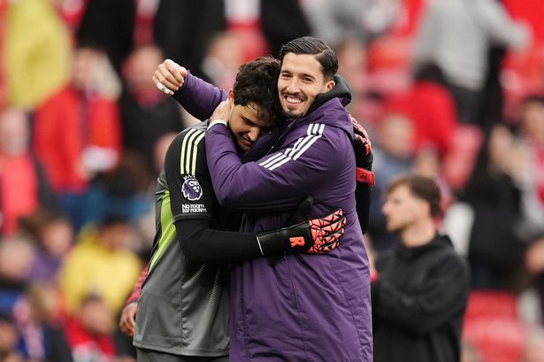Manchester United's Senne Lammens and Altay Bayindir after the game against Sunderland