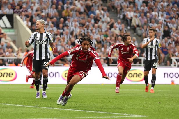Rio Ngumoha of Liverpool celebrates scoring his team's third goal during the Premier League match between Newcastle United and Liverpool 