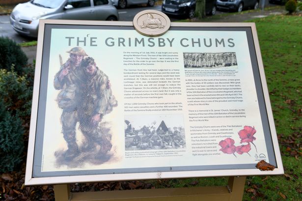 A plaque in memory of the Grimsby Chums
