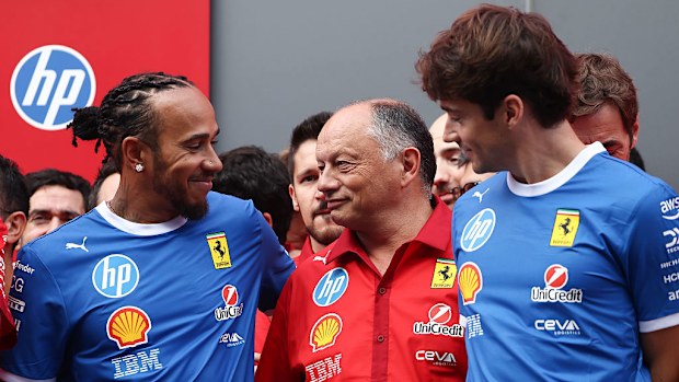 Lewis Hamilton, Frederic Vasseur and Charles Leclerc of Ferrari ahead of the Formula 1 Italian Grand Prix.