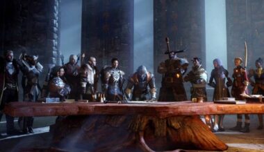 Dragon Age characters gather at a table.