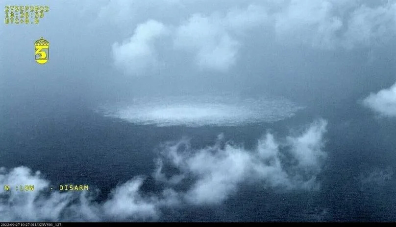 The gas leak in the Baltic Sea from Nord Stream photographed from the Swedish Coast Guard's aircraft, 27 September, 2022