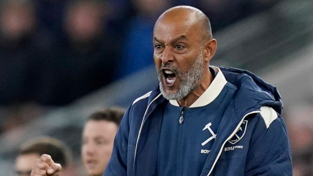 Nuno Espirito Santo celebrates with fist pump after West Ham goal vs Everton