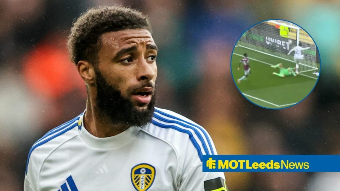 Jayden Bogle looking towards him missing a chance for Leeds United against Burnley in a circle inset