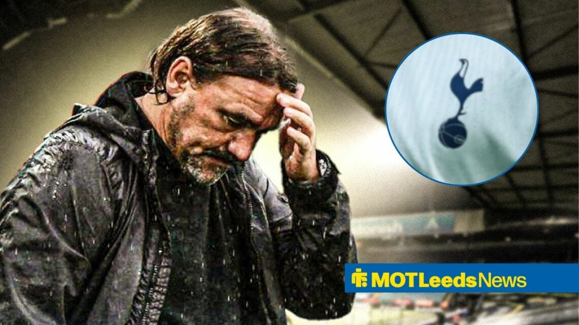 Daniel Farke looking frustrated with Tottenham badge in frame