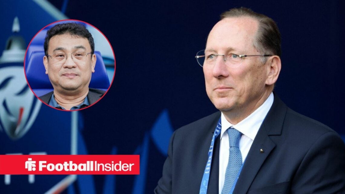 John Textor looks across at Dejphon Chansiri in a circular inset