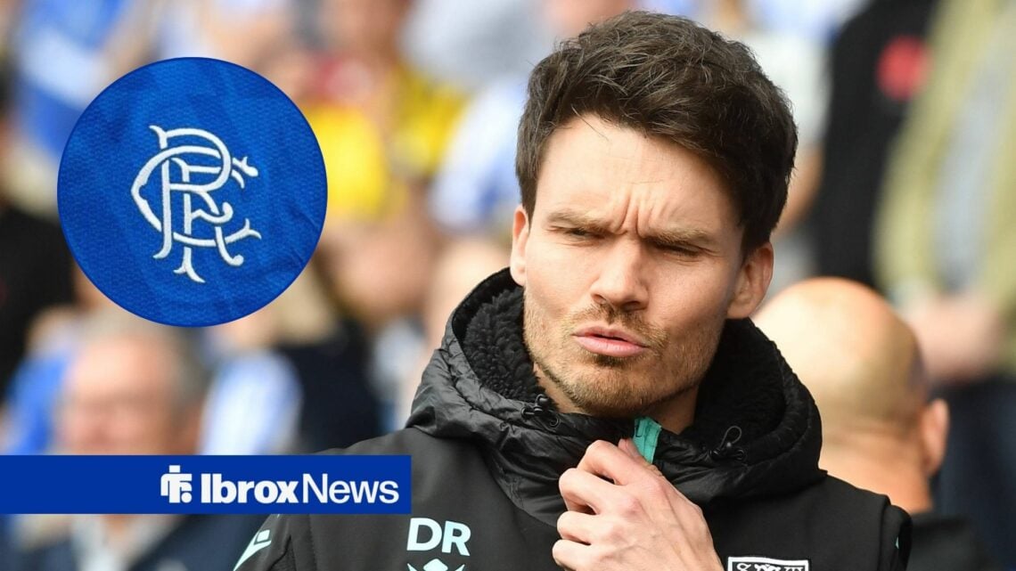 Danny Rohl looking shocked with Rangers badge in frame