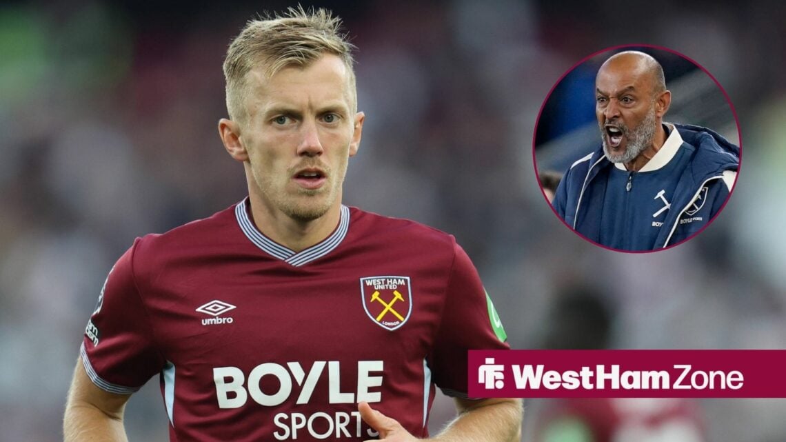 James Ward-Prowse in action for West Ham with Nuno Espirito Santo looking angry in the circle