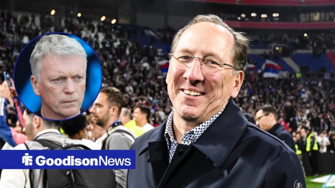 Football owner John Textor smiles with Everton manager David Moyes inset