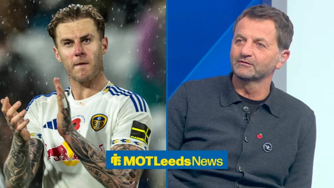 Joe Rodon applauds Leeds fans. To his right is Tim Sherwood in the Sky Sports studio.