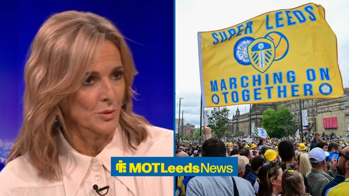 Gabby Logan looking at Leeds fans.