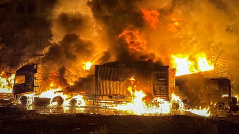 Ukrainian firefighters tackle blaze after Russian drone attack in Odesa – video