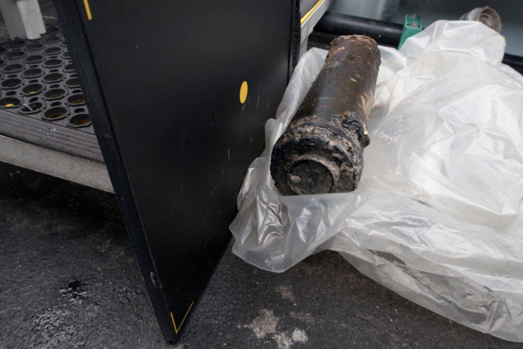 An empty maritime smoke buoy found close to the Nord Stream 2 gas pipeline in the Baltic Sea