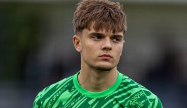 KIRKBY, ENGLAND - Wednesday, August 21, 2024: Liverpool's goalkeeper Kornel Misciur lines-up before the Premier League International Cup Group C match between Liverpool FC Under-21's and PSV Eindhoven's Under-21's at the Liverpool Academy. PSV won 4-0. (Photo by David Rawcliffe/Propaganda)