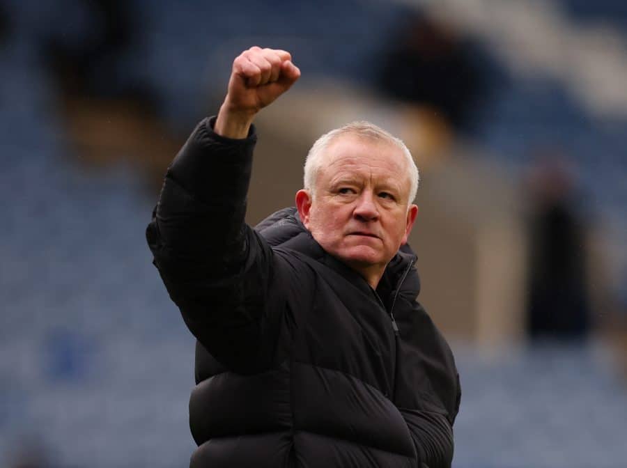 Sheffield United manager Chris Wilder celebrates with the fans at the end of the match