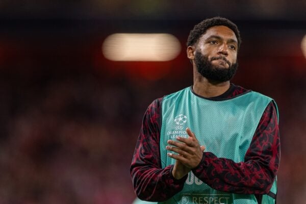 LIVERPOOL, ENGLAND - Wednesday, September 17, 2025: Liverpool's substitute Joe Gomez warms-up during the UEFA Champions League match between Liverpool FC and Atletico Madrid FC at Anfield. Liverpool won 3-2. (Photo by David Rawcliffe/Propaganda)