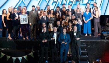 Oldham Business Awards winners line up on the stage after the presentations. Images courtesy of Josh Bowker/New Image