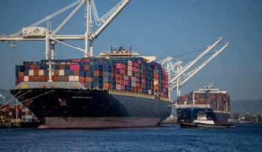 A cargo ship full of shipping containers is seen at the port of Oakland, California, the United States, on Aug. 4, 2025.