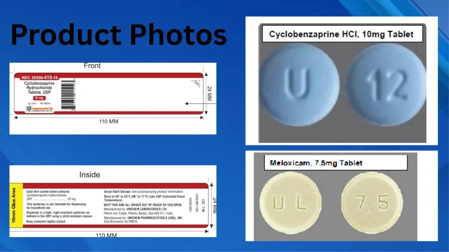 <em>Images of Cyclobenzaprine Hydrochloride tablets and Meloxicam tablets provided by the Federal Drug Administration. </em>