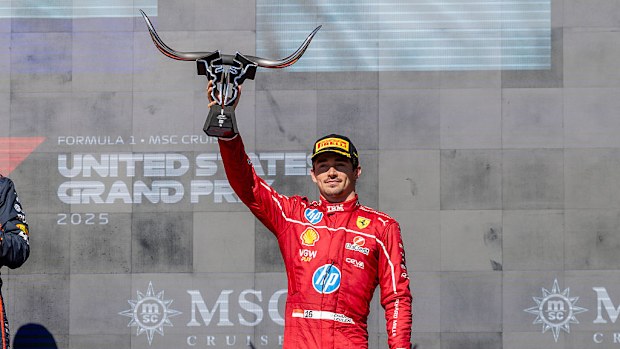 Charles Leclerc holds up his trophy after the Formula 1 F1 Grand Prix of United States.