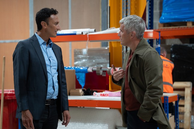 Caleb and Jai argue in the depot in Emmerdale