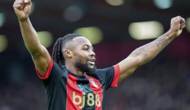 ntoine Semenyo of Bournemouth celebrates a goal during the English Premier League soccer match between Bournemouth and Nottingham Forest at the Vitality stadium in Bournemouth, England, Saturday, Jan. 25, 2025. (AP Photo/Sean Ryan)