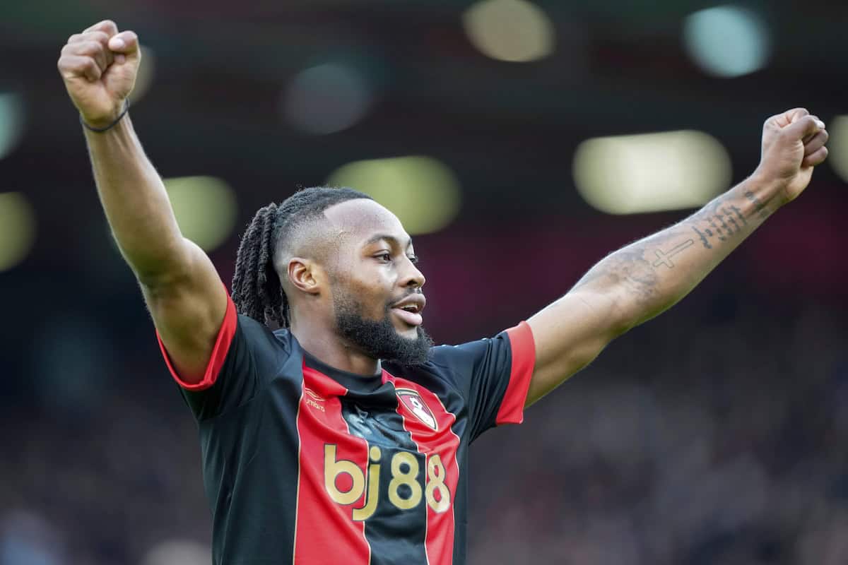 ntoine Semenyo of Bournemouth celebrates a goal during the English Premier League soccer match between Bournemouth and Nottingham Forest at the Vitality stadium in Bournemouth, England, Saturday, Jan. 25, 2025. (AP Photo/Sean Ryan)