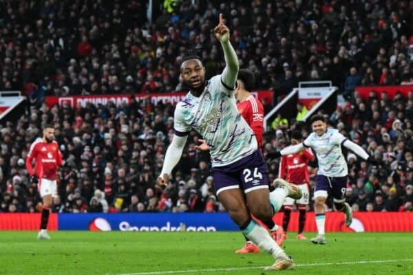 Antoine Semenyo of Bournemouth celebrates his goal to make it 0-3 during the Premier League match Manchester United vs Bournemouth at Old Trafford, Manchester, United Kingdom, 22nd December 2024 (Photo by Craig Thomas/News Images)