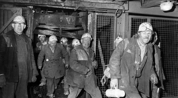 Miners leave the cages at Agecroft Colliery, Pendlebury. January 5, 1972