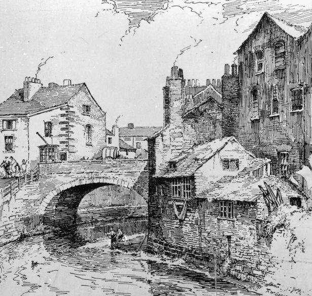 Drawing of Scotland Bridge in Manchester's Cheetham Hill area in 1819