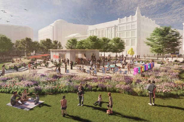 Indicative CGIs showing plans for Piccadilly Gardens. Elevated view taken above Piccadilly Gardens, looking north west