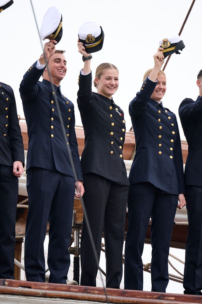 CADIZ, SPAIN - JANUARY 11: Crown Princess Leonor of Spais says goodbye to her parents on January 11, 2025 in Cadiz, Spain. Princess Leonor will take part in this training cruise as part of her military education, sailing alongside 76 midshipmen and visiting eight countries on a six-month journey covering over 17,000 nautical miles (Photo by Borja B. Hojas/WireImage)