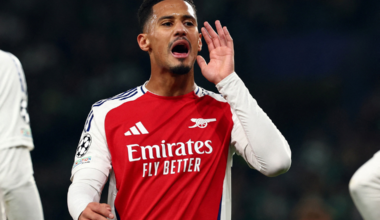 Soccer Football - Champions League - Sporting CP v Arsenal - Estadio Jose Alvalade, Lisbon, Portugal - November 26, 2024 Arsenal's William Saliba reacts REUTERS/Pedro Nunes