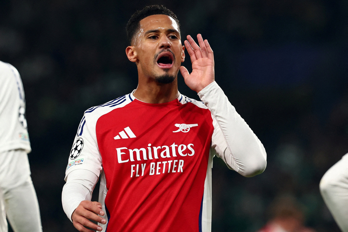 Soccer Football - Champions League - Sporting CP v Arsenal - Estadio Jose Alvalade, Lisbon, Portugal - November 26, 2024 Arsenal's William Saliba reacts REUTERS/Pedro Nunes