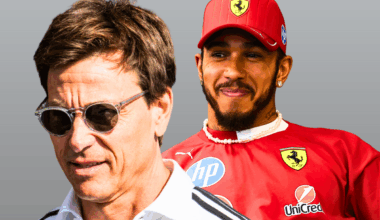 Toto Wolff is pictured in front of a smiling Lewis Hamilton in a picture composite