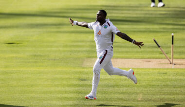 Jayden Seales celebrates after yorking Zak Crawley