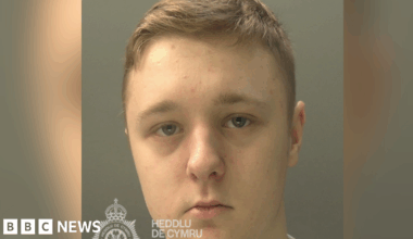 Custody image of Cory Jones. He has short blonde hair and a serious look. In the bottom left corner there is the logo for South Wales Police.