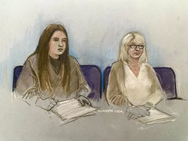 Court artist sketch by Elizabeth Cook of Julia Wandelt (left) and Karen Spragg at Leicester Crown Court, where they are charged in connection with an investigation into the alleged stalking of Madeleine McCann's family