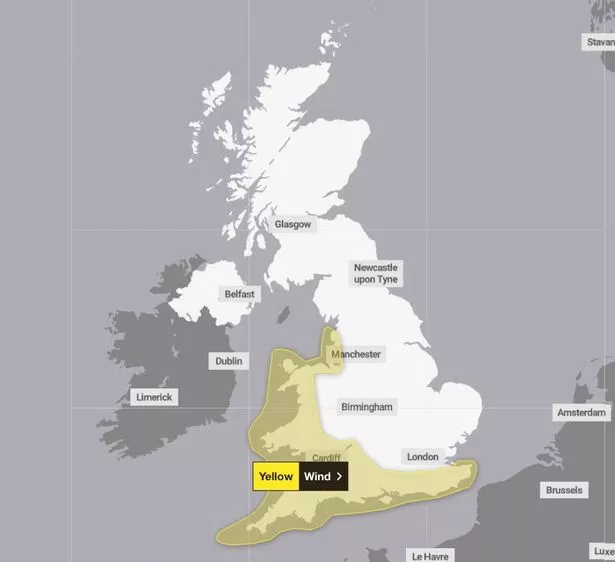 Weather map shows a yellow weather warning in place for the south of England, southwest England and Wales
